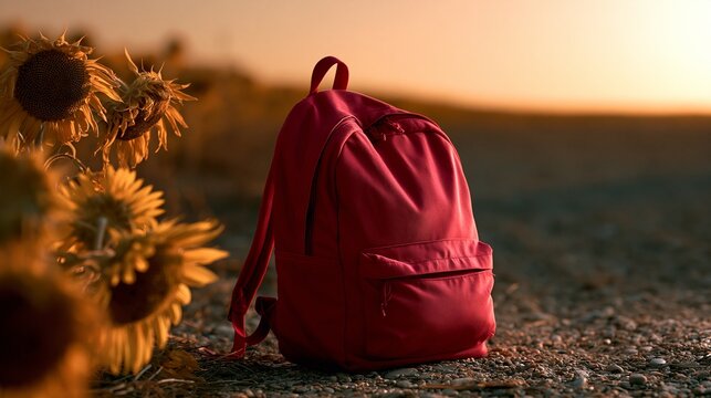 Ein roter Schulrucksack steht allein auf einem Feldweg zwischen goldenen Getreidefeldern im warmen Abendlicht.