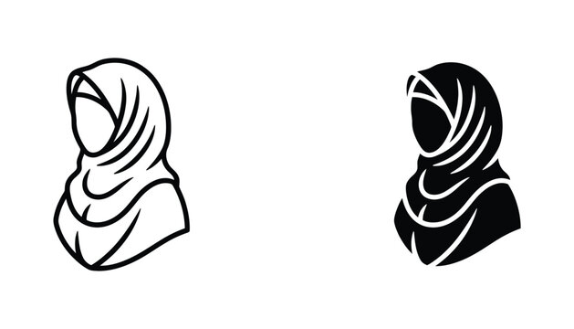 Muslim woman wearing hijab silhouette icon set in outline and solid black style for cultural and religious representation