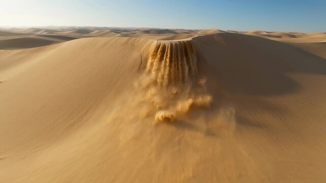 Surreal video of a sand waterfall flowing down a large desert dune during golden hour, depicting dramatic environmental changes and natural wonders.