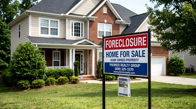 Foreclosure Home For Sale Sign in Front of Luxury House, Real Estate Crisis, Property Market and Mortgage Investment Concept