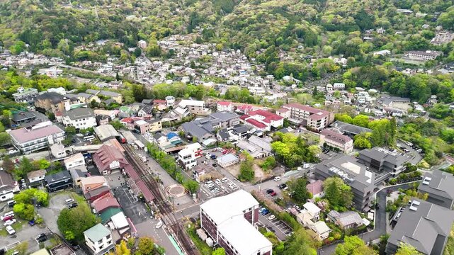 Aerial view of Gora Hakone Japan with mountains, hot springs and nature landscape