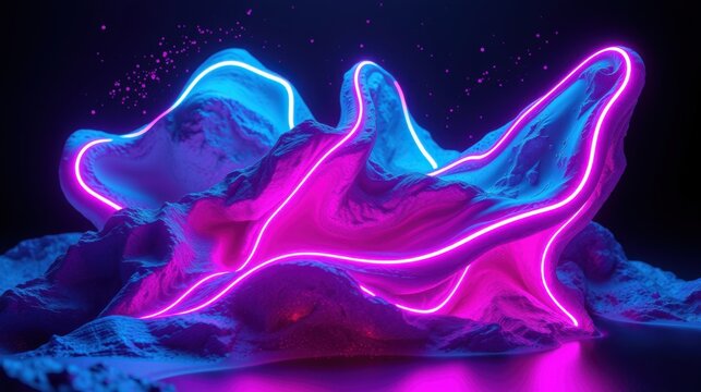 Neon mountains glow, vibrant pinks and blues dominate landscape. Dramatic lighting creates futuristic, otherworldly scene.