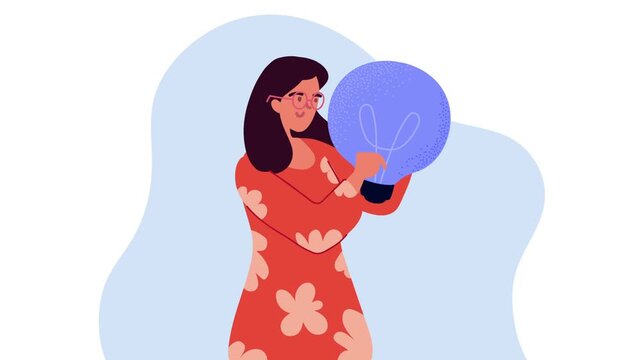 Animated woman holding giant lightbulb representing creative ideas and innovation in flat vector style.