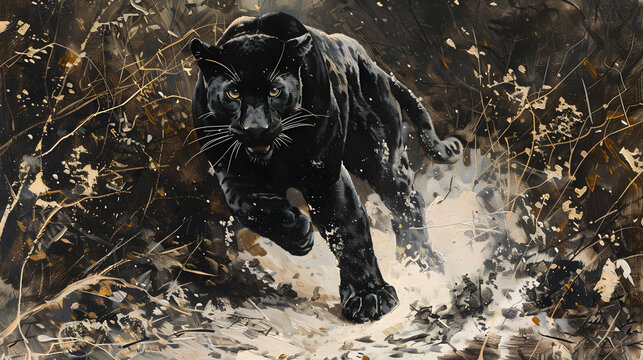 Black panther running through water splashes in dark forest.