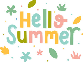Naklejka premium hello summer text shadow pastel color flower leaf hand drawn doodle