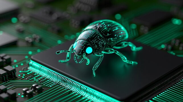 Ein digital leuchtender K&auml;fer sitzt auf einem Computerchip und symbolisiert einen Softwarefehler oder Cyberangriff.