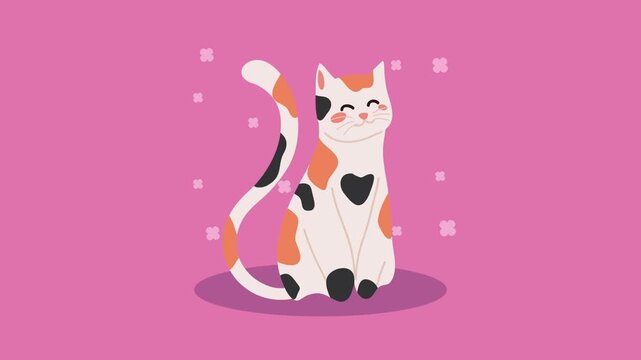 Cute calico cat sitting and looking happy on pink background with animated flowers.