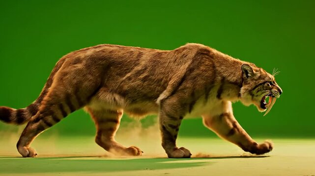 Snarling Saber-Toothed Tiger Walking on Green Screen Background Ideal for VFX Animation and Creative Projects