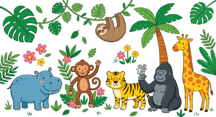 Fototapeta premium Cute Jungle Safari Animal Set with Giraffe, Tiger, Hippo, Monkey, Sloth, and Gorilla for Kids Birthday Invitations, Nursery Wall Art, Educational Posters, and Tropical Nature Projects.