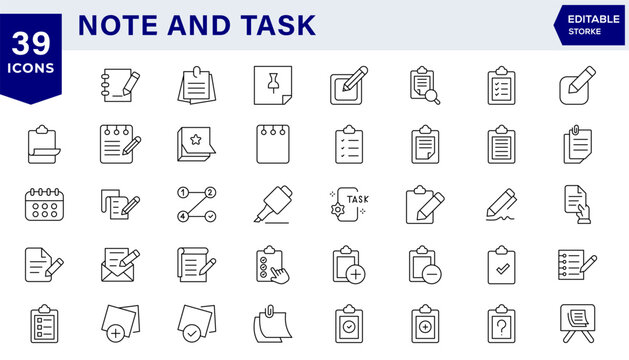 Notes and task icon set. Includes reminder, priority, deadline, completed, calendar, schedule, notification. Outline icon set.editable stroke