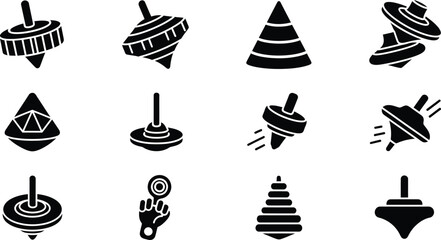 Naklejka premium Set of spinning top toys icons for childhood nostalgia and games