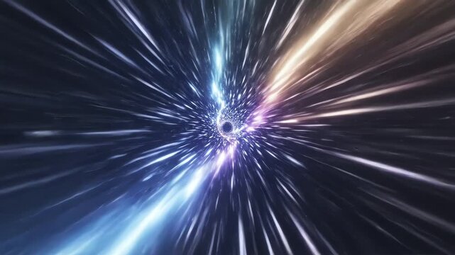 A vibrant, abstract depiction of a wormhole or hyperspace jump, with streaks of light converging on a central dark point.