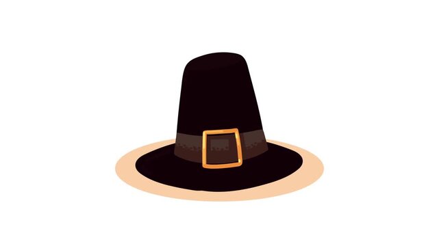 Pilgrim hat motion graphic video clip on a white background with a dark brown band and golden buckle animation.