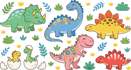 Adorable Floral Dinosaur Character Set with Triceratops, Stegosaurus, and T-Rex Hatchlings for Girls' Nursery Decor, Birthday Party Invitations, Kids' Apparel, and Prehistoric Themed Graphic Designs. © Ismail