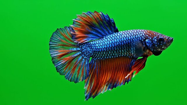 Vibrant Betta Fish Displaying Iridescent Scales and Flowing Fins Against Green Chroma Key Background for Compositing and Visual Effects Use