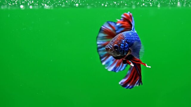 Vibrant Betta Fish Swimming Gracefully in Clear Water Against a Bright Green Background with Captivating Colors and Fins