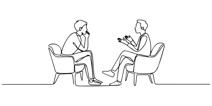 two friends chatting in office.one line vector illustration with white background, Therapy Session. Minimalistic one-line drawing two people seated across from each other in conversation representing.