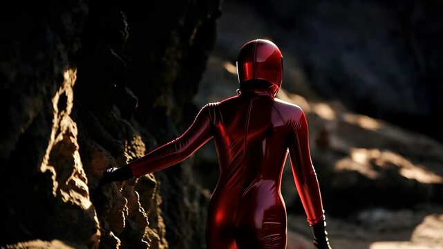 Mysterious figure in a shiny red latex suit and helmet walking out of a dark cave, stepping into the sunlight on a rocky, alien like landscape, representing exploration and discovery