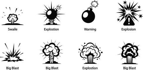 Explosion and blast effect icons set with smoke clouds warning signs and various bursting sparks for comic design. © Emongrapic