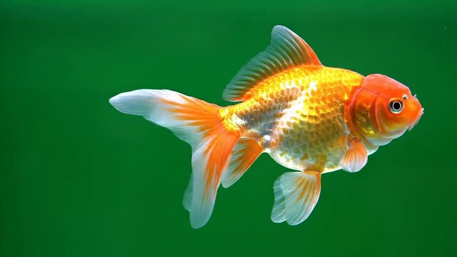 Vibrant Goldfish Swimming Gracefully In Lush Green Aquarium Environment With Colorful Scales And Lively Movement Against Solid Background