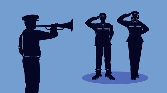 Military figures salute as bugler plays, symbolizing respect and ceremony with animation.