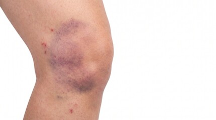 Naklejka premium Large purple bruise on a human knee caused by a fall, physical impact and skin contusion