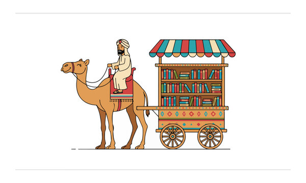 Arab man riding camel pulling mobile library cart illustration