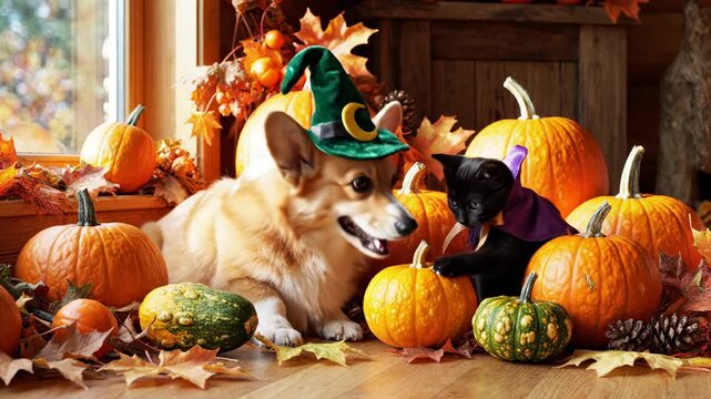 Corgi dog wearing a green witch hat and black cat in a purple cape playfully interact among pumpkins and autumn leaves in a cozy indoor setting