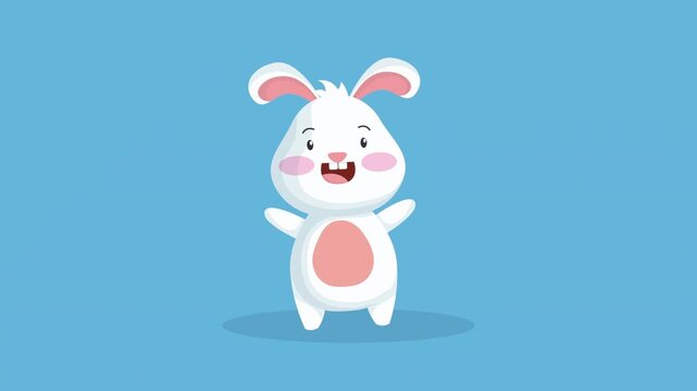 Animated white rabbit character jumping and smiling on blue background for easter and spring holiday celebrations.