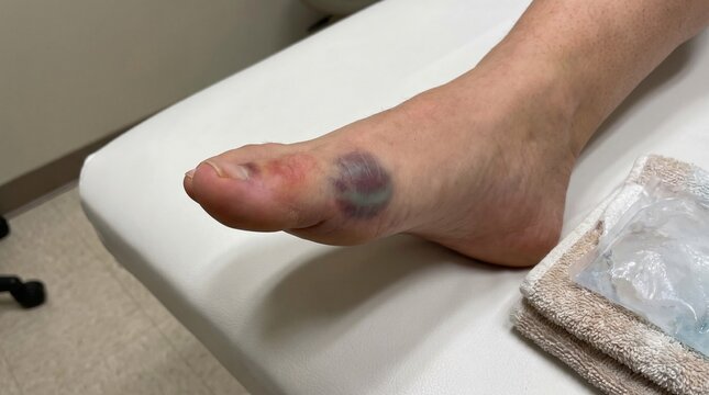 Bruised toe with discoloration on foot resting on bathroom surface
