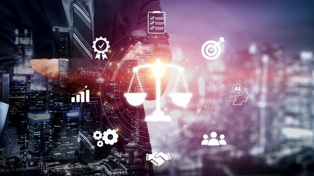 Futuristic digital law interface displaying justice scale, highlighting digital law, AI compliance, digital law systems, and digital law regulations for secure governance. Muxer