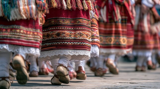 Close-up of traditional folk dancers in ethnic costumes and leather shoes