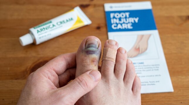 Applying cream to bruised toe on wooden surface with foot care instructions