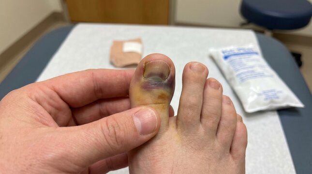 Bruised toe on hand held by person in medical setting