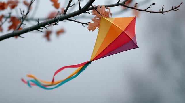 Ein bunter Drachen mit langen farbigen B&auml;ndern h&auml;ngt in den kahlen &Auml;sten eines Baumes vor grauem Himmel.