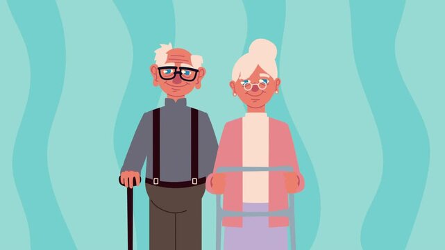 Elderly couple animation with walking aids and cane standing together against blue wavy background.