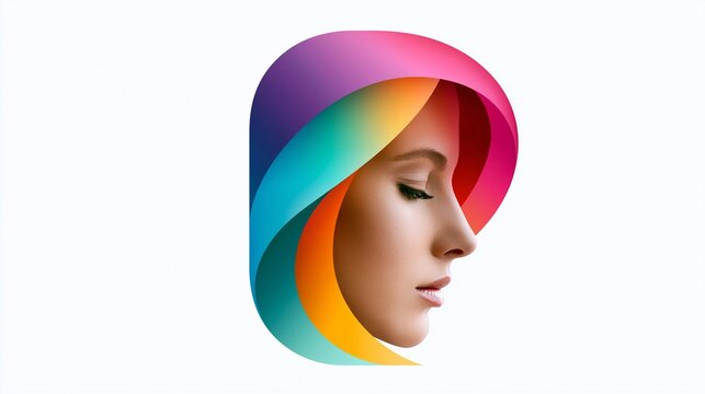 Seitenprofil eines weiblichen Gesichts mit bunten, mehrschichtigen Farbfl&auml;chen in Regenbogenfarben auf wei&szlig;em Hintergrund.