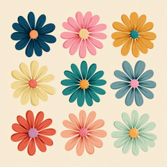 Obraz premium Retro Daisy Flowers Arrangement In Vibrant Colors On Creamy Background For Vintage Design Elements And Summer Themes