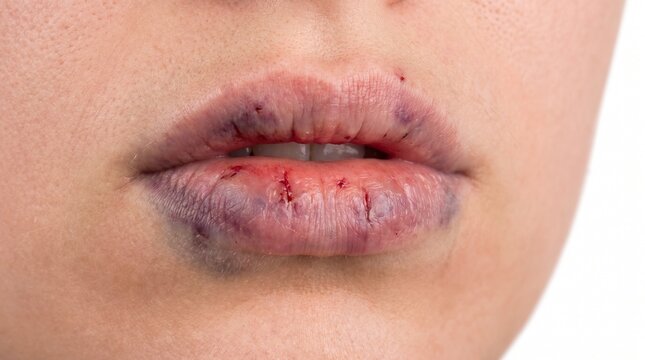 Close-up of lips with cuts and bruising on skin