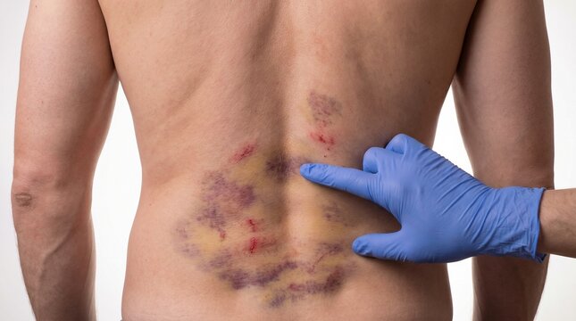 Medical examination of bruised lower back with gloved hand