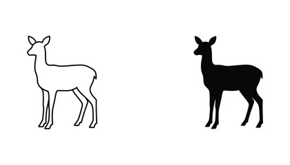 Fototapeta premium Graceful deer icon set featuring a standing doe or fawn in clean line art and solid black silhouette styles for wildlife and nature branding