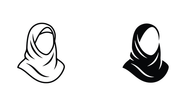 Muslim woman wearing hijab icon set featuring minimalist outline and solid black silhouette graphic designs for religious identity and modesty representation in cultural branding projects