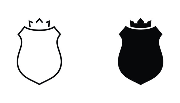 Heraldic shield icon set featuring a royal crown emblem in clean line art and solid black silhouette styles for security and premium branding