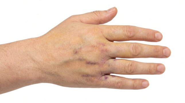 Close-up of human hand with visible bruises and minor injuries