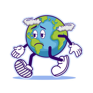 Sad and sick planet earth cartoon character with smoke and pollution.