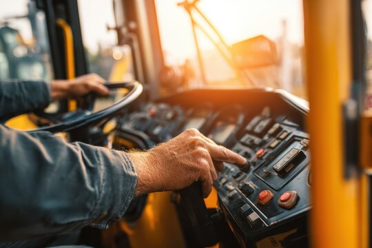 A persons hands operating the controls of a bulldozer.