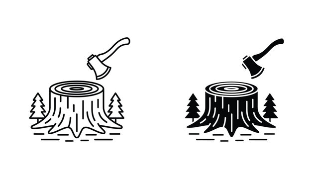 Forestry icon set featuring a sharp axe embedded in a tree stump surrounded by pine trees in line and solid black silhouette styles
