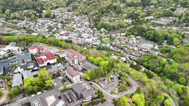 Aerial view of Gora Hakone Japan with mountains, hot springs and nature landscape