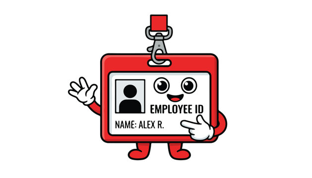 A cheerful cartoon employee ID badge character, red with a lanyard clip, waving and pointing to its name.