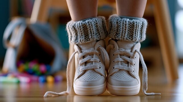 Kleinkind mit gekn&uuml;pften Turnschuhen und grauen Wollsocken steht auf einem Holzboden.